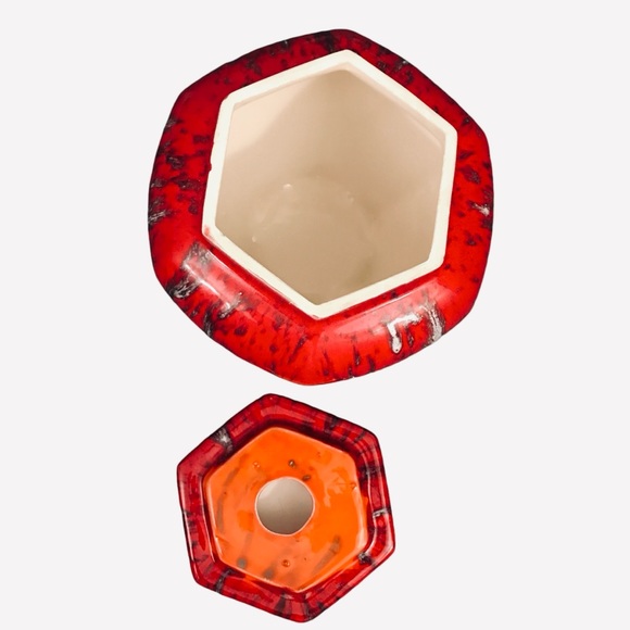 Vintage Red Pottery Hexagonal Ceramic Lidded Jar Urn 5.5" Drip Spot Glaze Signed - Picture 6 of 14